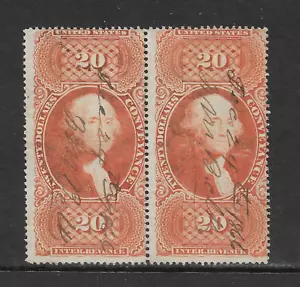 U.S. SCOTT R98c USED PAIR - 1862 $20 ORANGE CONVEYANCE - FIRST REVENUE ISSUE - Picture 1 of 2