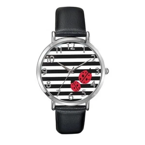 Damen Marienkäfer Uhr - schwarzes lederähnliches Band - schwarz-weiß gestreiftes Zifferblatt - neu - Bild 1 von 1