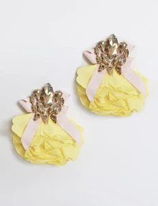 Anthropologie Flower Earrings Fabric Cloth Silk Yellow Bowknot Bow Knot Petal CZ - Picture 1 of 7