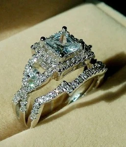 2.60Ct Princess Cut VVS1 Moissanite 14k White Gold Plated Engagement Rings Set - Picture 1 of 8