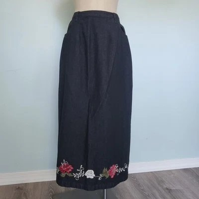 Falda vaquera Denim & Co. para mujer S negra 100 % algodón bordado floral maxi bolsillos Foto 1 de 4