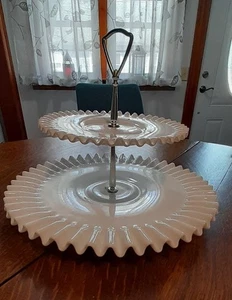 Vintage Fenton White Milk Glass Serving 2 Tier Tray Crimped Edges 13.5 X 8.5 - Picture 1 of 5