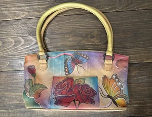 Anna Anuschka handbemalte Leder Schultertasche Handtasche Beuteltasche Rosen Schmetterling LESEN - Bild 1 von 24