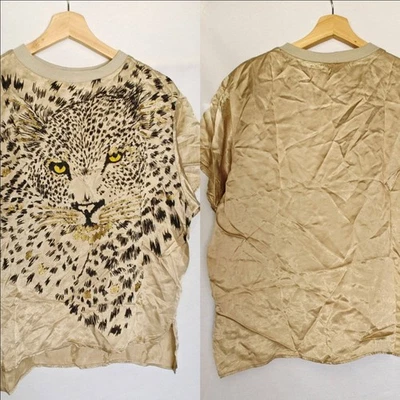 Topson Downs 衬衫上衣豹纹金色动物印花缎面像复古 80 年代 S — 第 1/4 张图片