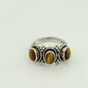 Vintage 925 Sterling Silver Tiger's Eye Three Stone Cabochon Band Ring Size 8 - Picture 1 of 8