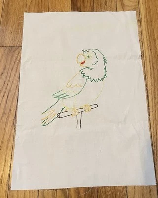 Vintage Fabric Embroidered Parrot Quilt Square Panel Pillow 11x16 Linen Craft Pc - Image 1 of 2