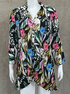 Sunny Leigh Top Womens 3X Black Floral Pleated Button Up Tropical Hawaiian Sheer - Picture 1 of 10