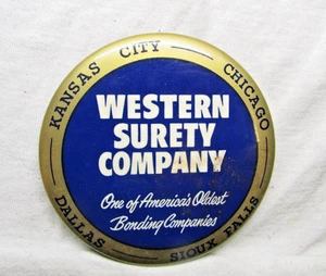 Vintage WESTERN SURETY COMPANY Celluloid Advertising Pocket Mirror / Paperweight - Picture 1 of 4