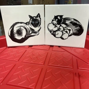 Soriano Gato Siamés 2 Azulejos Negro Blanco Pared Remache Cerámica Decoración EE. UU. De Colección - Imagen 1 de 10