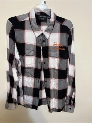 Camisa feminina Harley Davidson xadrez flanela preta e laranja bordada X-Grande - Imagem 1 de 4