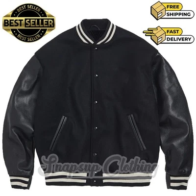Unisex Black Wool Leather Drop Shoulder Athletic Letter College Varsity Jacket - Image 1 of 4