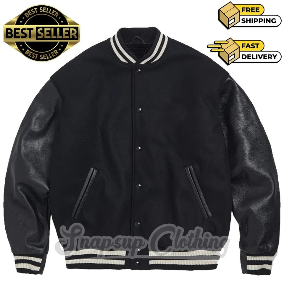Unisex Black Wool Leather Drop Shoulder Athletic Letter College Varsity Jacket - Image 1 of 4