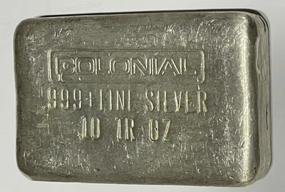Colonial 10oz .999  Fine Silver Bar Vintage Hand Poured - Image 1 of 4