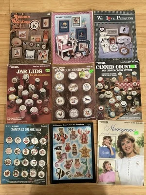 Lot Of 9 Leisure Arts Cross Stitch Leaflet Pattern Books Jar Lids Bears Penguins - Image 1 of 4