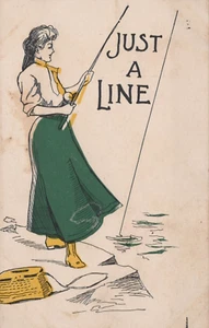 Carte postale ancienne Just A Line femme pêche canne non postée - Photo 1/2