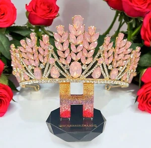 Pink Wedding Tiara, Gold Goddess Headband, Princess Crystal Crown, quinceanera - Picture 1 of 7