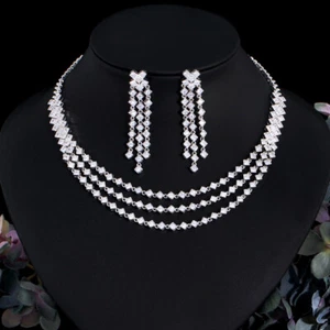Bezaubernde weiße CZ große 3-lagige Verlobung Braut Halskette Ohrringe Schmuck Set - Bild 1 von 10