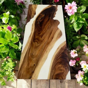 White Epoxy Resin Dining Table Top Live Edge Acacia Wood Bedroom Furniture Decor - Picture 1 of 8