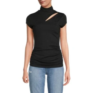 T-shirt donna Susana Monaco ruched cut-out top nero finto collo taglia small nuova senza etichette - Foto 1 di 4