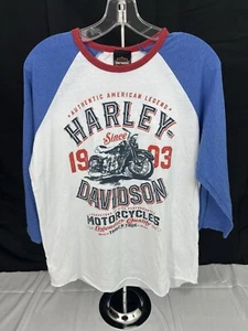 Harley Davidson Blue White 3/4 Sleeve T Shirt Women’s Size L Sturgis South Dakot - Picture 1 of 4