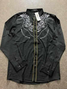 Ief.G.S Herren Langarm Button Down Hemd Western Schwarz Größe L NEU mit Etikett - Bild 1 von 2