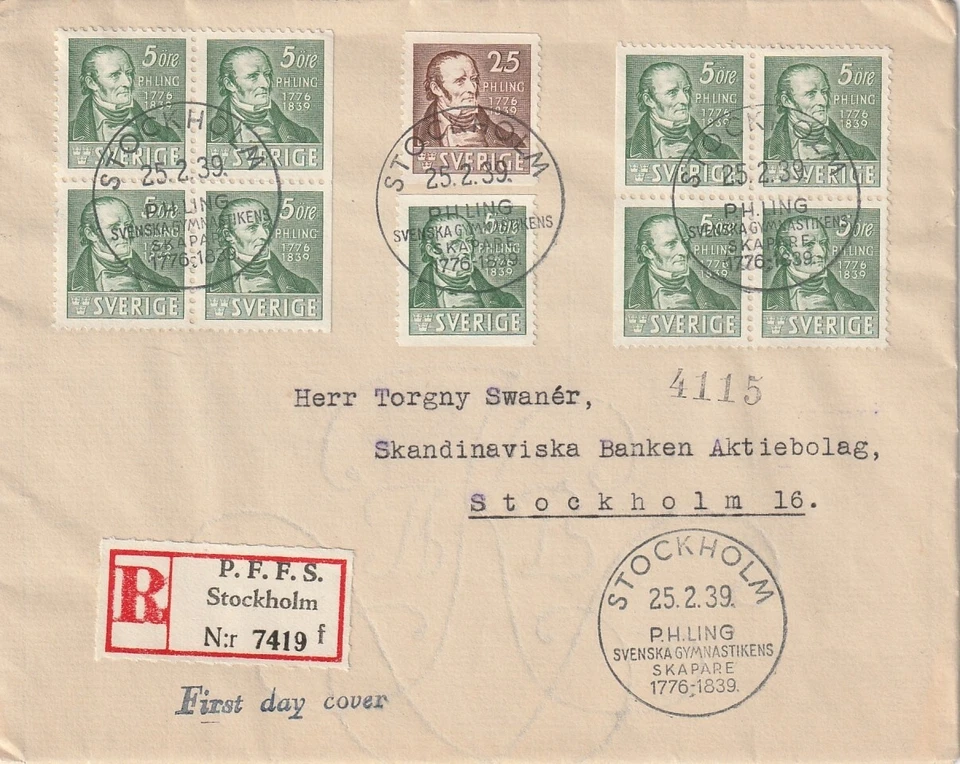 SWEDEN: Registered FDC Ling, F.318BC+CB  pairs x 4, Scarce. High value. - Image 1 of 1