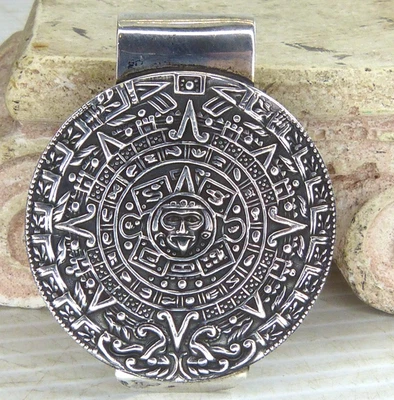 Large Vintage Sterling Silver Money Clip Aztec Calendar Design  Estate Find ! - Image 1 of 4