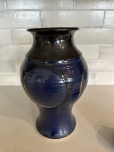 Tall Studio Art Pottery Blue And Black Vase 11” Tall Signed On The Bottom - Picture 1 of 10
