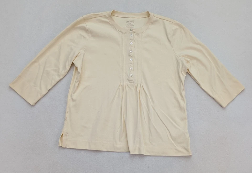 L.L. Top para mujer Bean talla PL beige crema manga 3/4 tejido elástico Henley Foto 1 de 4
