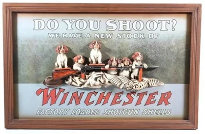 复古罕见 Winchester "Do You Shoot?" 带 3D Brittany Puppies 17 英寸 x 27 — 第 1/4 张图片