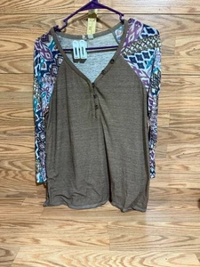 Cato Damen T-Shirt lang braun und mehrfarbig Ärmel V-Ausschnitt gerippt Größe L - Bild 1 von 5