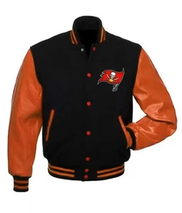 NFL Tampa Bay Buccaneers Negro Cuerpo Naranja Cuero Mangas Hombres Chaqueta Talla XL - Imagen 1 de 5