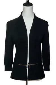 Ivanka Trump Cardigan Womens Medium Black Open Front Gold Zipper Details Sweater - Picture 1 of 11