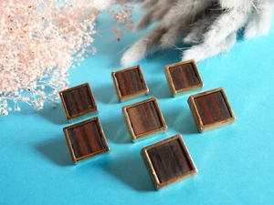 349B Chequerboard Buttons " Ebony " Brown Wood Golden Lot 7 Buttons Ép. Vintage - Picture 1 of 4