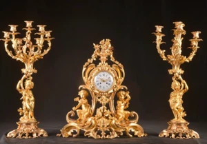 Clock with Candelabras French Louis XV Bronze 1840s Ormolu 3-Piece Antique Set - Picture 1 of 24