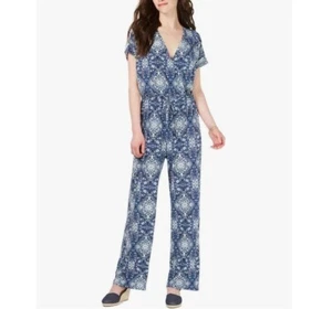 Style & Co Womens XL Blue Power Scarf V Neck Short Sleeve Jumpsuit NWT BD23 - Picture 1 of 6