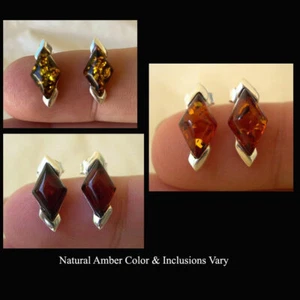 BALTIC CHERRY, HONEY or GREEN AMBER & STERLING SILVER STUD EARRINGS - Picture 1 of 7