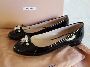 NEW MIU MIU Black Patent Leather Ballet Flats 37 6.5 $690 Rhinestones Gems Mui  - Picture 1 of 10