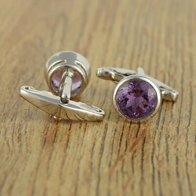 圆形天然紫色紫水晶男式袖扣 925 纯银 — 第 1/3 张图片