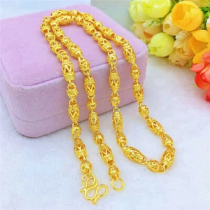 24K Yellow Gold Plated Hollow Olive Beaded Men's Chains Necklace 6MM 24" - Picture 1 of 6