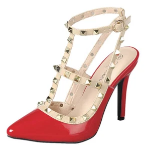Forever Women Stiletto High Heels Pointy Toe Studded Pumps Strap STUDS-03 Red - Picture 1 of 4