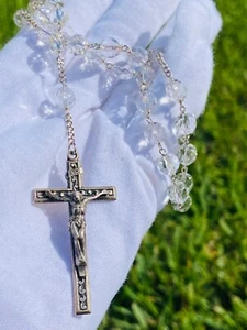Vintage Sterling Silber Klarglas oder Kristall Rosenkranz Kreuz Kruzifix Jesus Maria - Bild 1 von 16