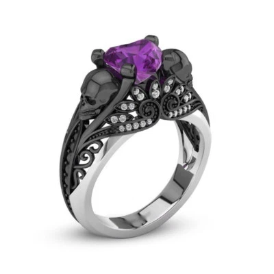 Anillo de moda de boda de 2,05 quilates púrpura corte corazón dos tonos plata 925 negro 2 calaveras Foto 1 de 4