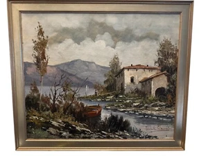 Signiertes Original Ölgemälde Italienisches Haus am See Boot Landschaft 27” x 23” - Bild 1 von 7
