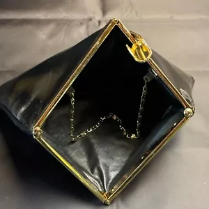 Vintage Black Patent Leather Clutch Purse Gold-Tone Clasp & Chain Strap Unique - Picture 1 of 8