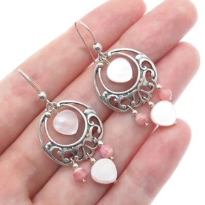 SHUBE 925 Sterling Silver Vintage Real MOP & Rhodochrosite Dangle Earrings - Picture 1 of 7