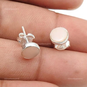 Birthday Gift Round Pink Opal Gemstone 925 Silver Minimalist Stud Earrings - Picture 1 of 8