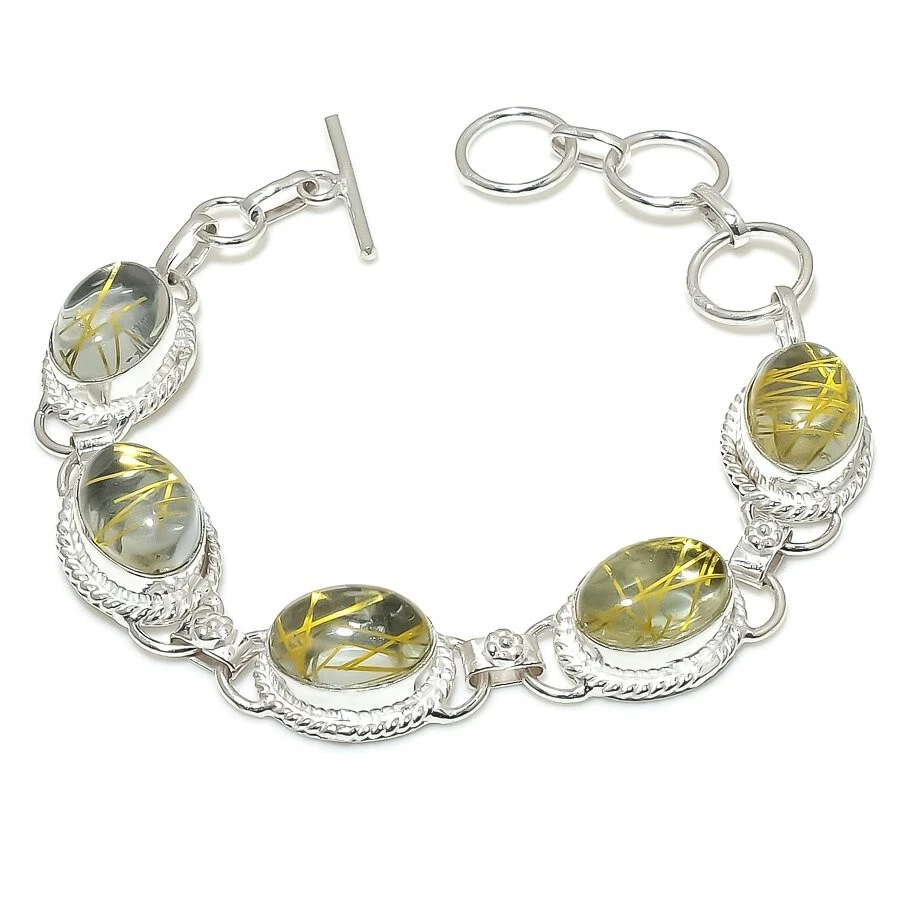 RutilatedQuartz Gemstone Handmade 925 Sterling silver Jewelry Bracelet Size7-8'' - Image 1 of 1