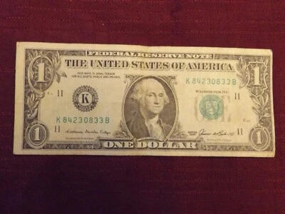 OLD RARE SERIES 1985 ERROR NOTE MISALIGNED $1 ONE DOLLAR BILL - K 84230833 B - Image 1 of 2