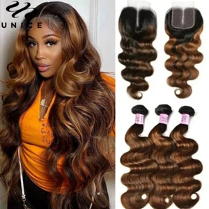 UNice Mongolian Ombre Brown Body Wave Bundles Human Hair Weave with Lace Closure - Picture 1 of 12